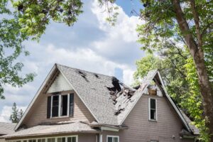 damaged roof of a house and trees